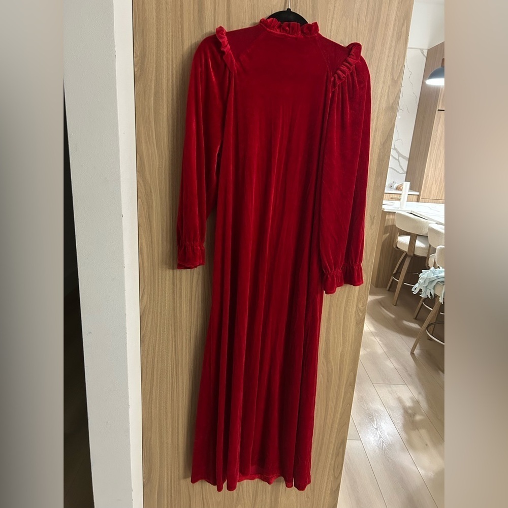 Vintage 80s JC Penney Medium Robe Long Red Velour 1/2 Zip Stretch Gown Robe - Picture 6 of 6